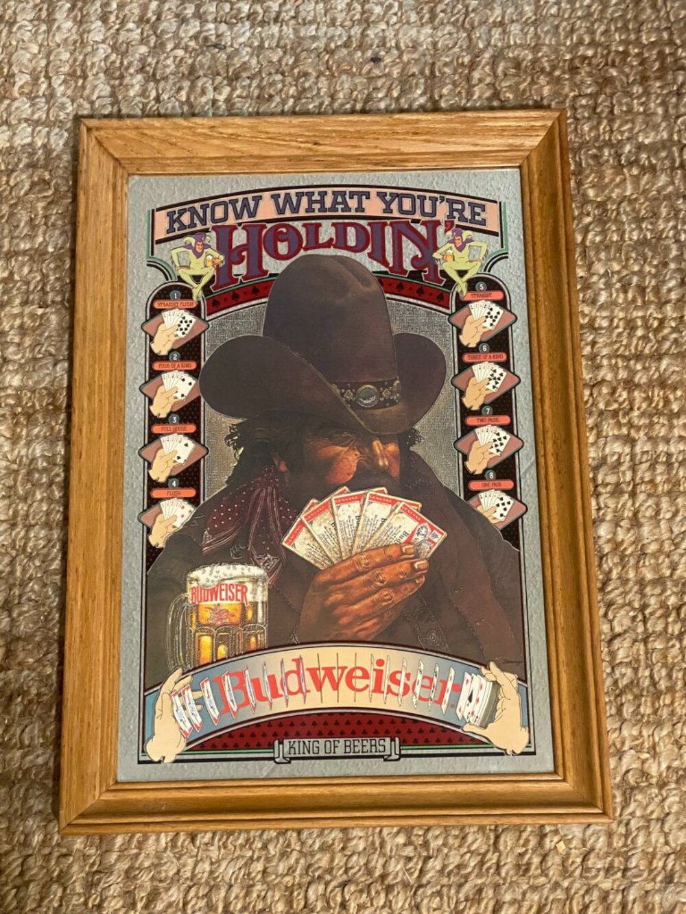 Vintage Budweiser "Know What You're Holdin" Poker Mirror, Bar Sign Decor
